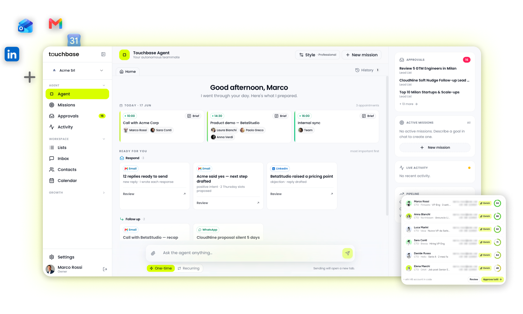 Touchbase — dashboard agente GTM con lead generation ed enrichment integrati