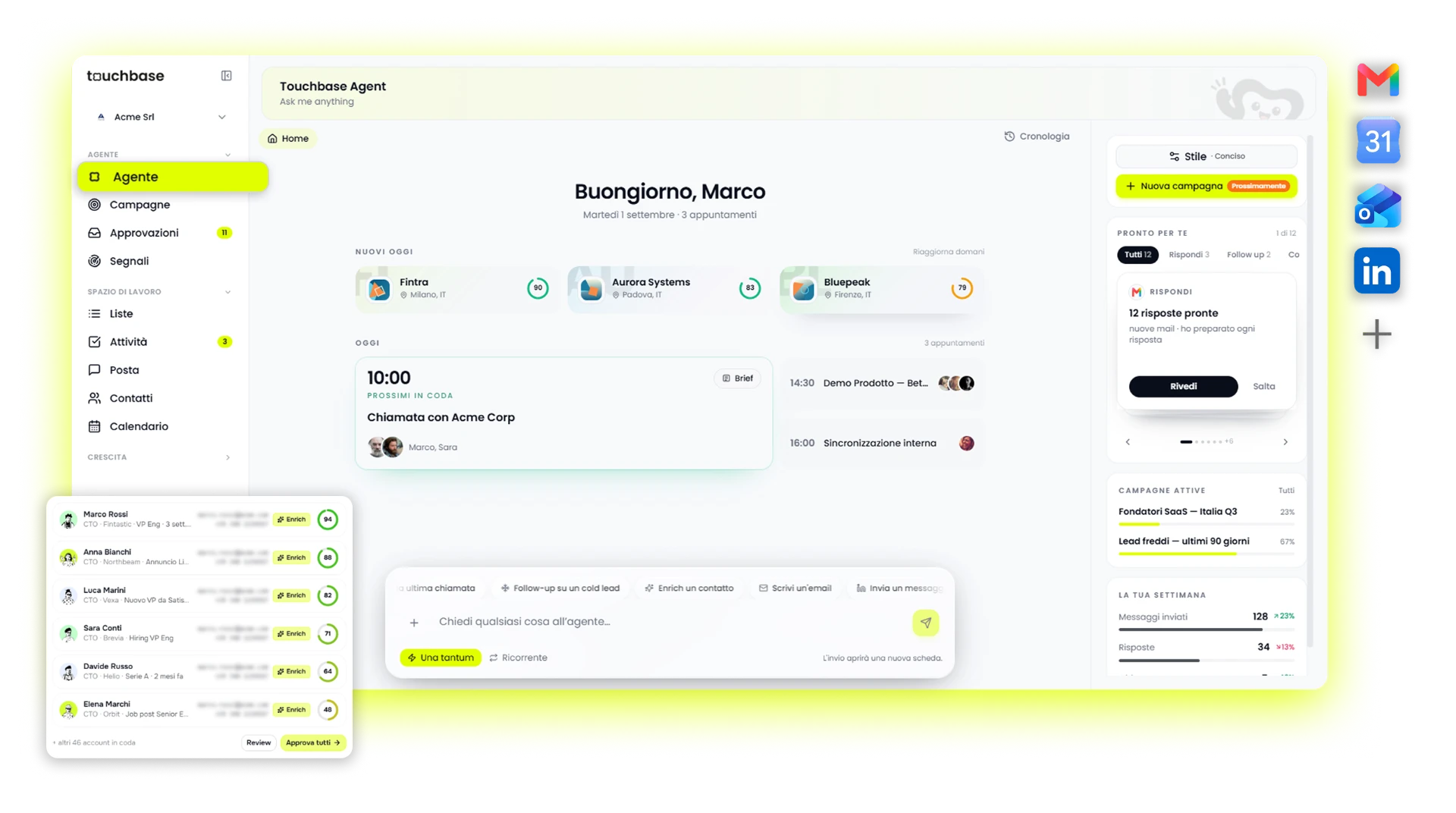 Touchbase — dashboard agente GTM con lead generation ed enrichment integrati